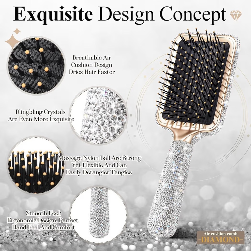 NWT Sparkling Bling Swarovski Crystal Rhinestone Hair Brush + Gift - Picture 7 of 8